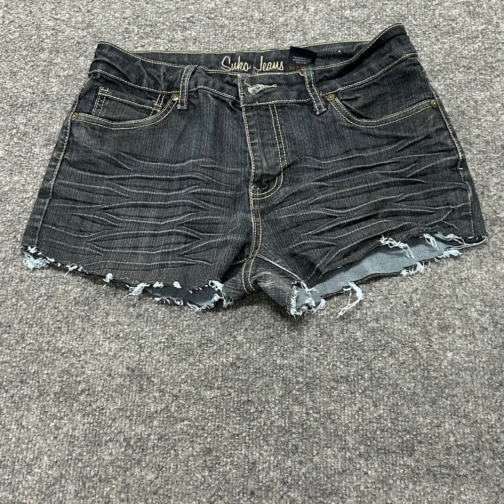 Suko Jeans Shorts Womens Size 10 Dark Wash Whiskered Raw Hem Embroidered Casual